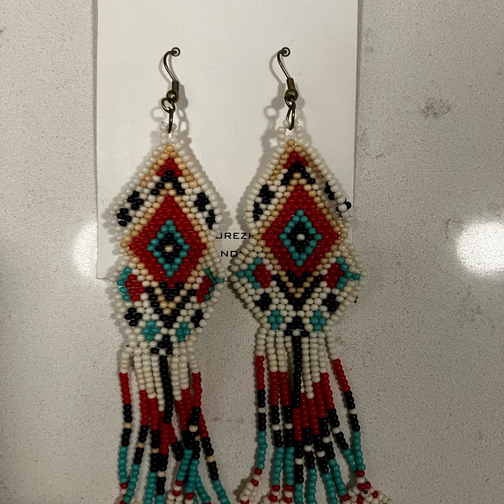 Beaded Dangle Earrings with Red, Black, and Turquoise Accents